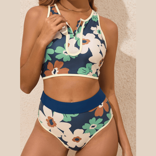Jossie Blue Flower Zip up Racerback High Waisted Bikini