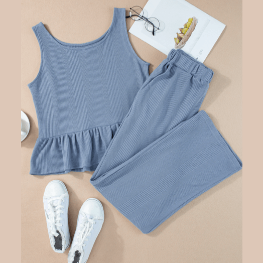 Lia Blue Ribbed Ruffle Tank Top and Pants Set