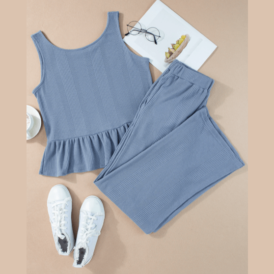 Lia Blue Ribbed Ruffle Tank Top and Pants Set