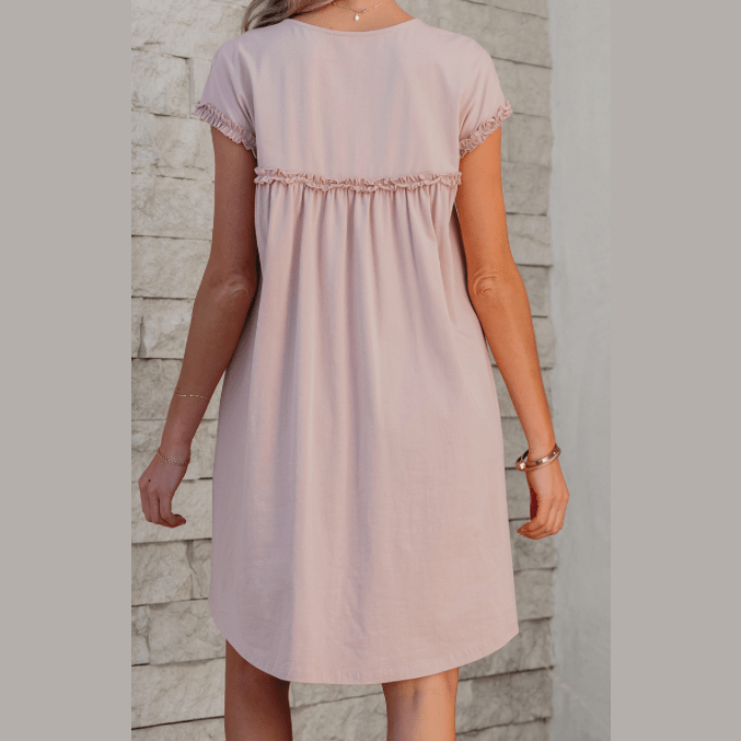 Jaiden Oatmeal Frilled Trim Crew Neck Loose Fit Mini Dress