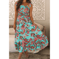 Lorene Green Abstract Print Smocked Bodice Knotted Straps Ruffled Maxi Dress