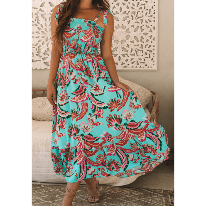 Lorene Green Abstract Print Smocked Bodice Knotted Straps Ruffled Maxi Dress