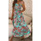 Lorene Green Abstract Print Smocked Bodice Knotted Straps Ruffled Maxi Dress