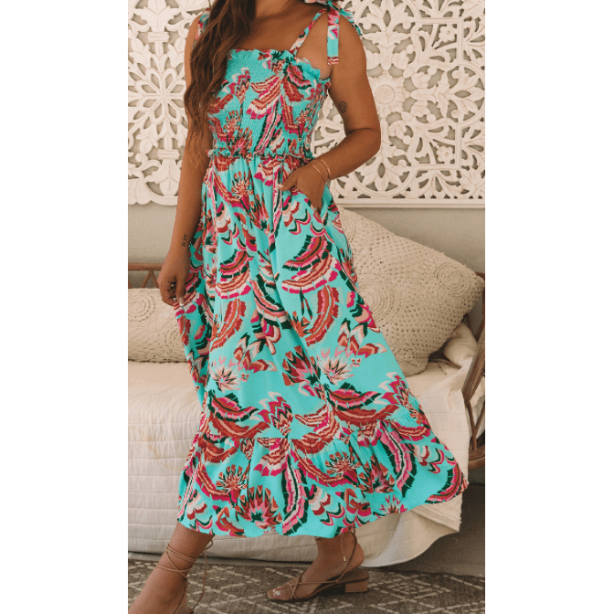 Lorene Green Abstract Print Smocked Bodice Knotted Straps Ruffled Maxi Dress