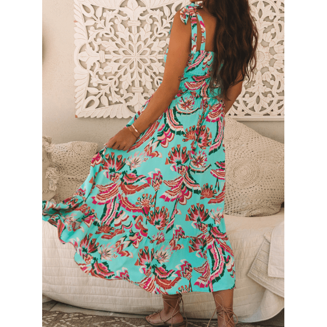 Lorene Green Abstract Print Smocked Bodice Knotted Straps Ruffled Maxi Dress