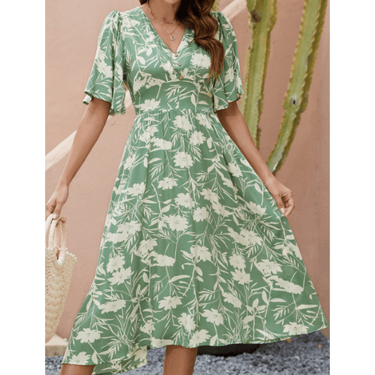 Nissa Green Bohemian Print V-Neck Midi Dress