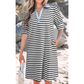 Noemi Black Stripe Contrast V Neck Collared Puff Sleeve T Shirt Mini Dress with Pockets