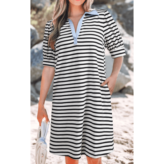 Noemi Black Stripe Contrast V Neck Collared Puff Sleeve T Shirt Mini Dress with Pockets