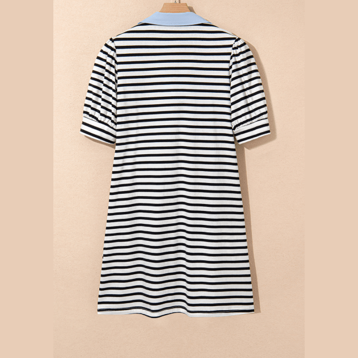 Noemi Black Stripe Contrast V Neck Collared Puff Sleeve T Shirt Mini Dress with Pockets