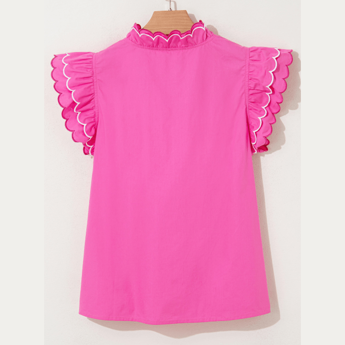 Jerika Bright Pink Contrast Scallop Trim Layered Short Sleeve V Neck Blouse