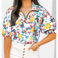 Karon Peacock Blue Floral Print Slit V Neck Short Sleeve Blouse