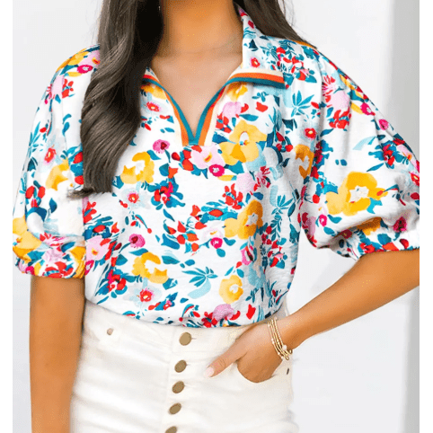 Karon Peacock Blue Floral Print Slit V Neck Short Sleeve Blouse