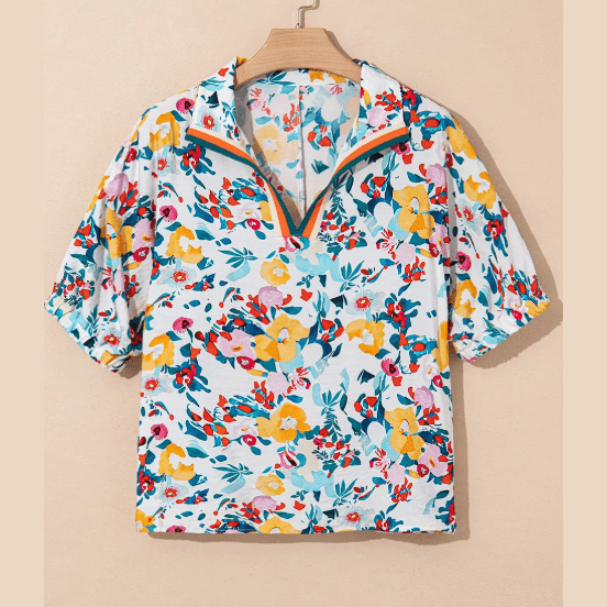 Karon Peacock Blue Floral Print Slit V Neck Short Sleeve Blouse