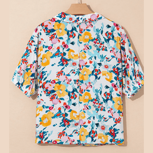 Karon Peacock Blue Floral Print Slit V Neck Short Sleeve Blouse