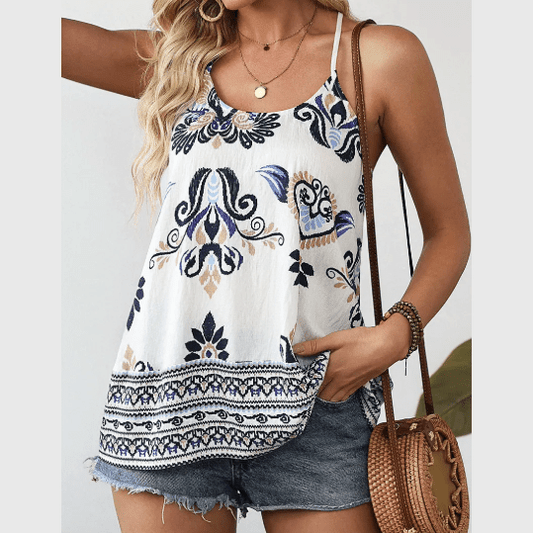 Caterina Blue Bohemian Fashion Print Spaghetti Strap Loose Tank