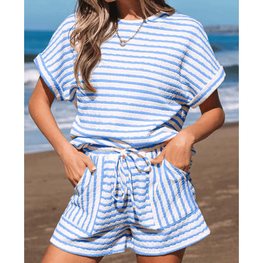 Kitzi Sky Blue Stripe Knitted Short Sleeve Top and Drawstring Shorts Set