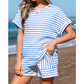 Kitzi Sky Blue Stripe Knitted Short Sleeve Top and Drawstring Shorts Set