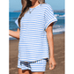 Kitzi Sky Blue Stripe Knitted Short Sleeve Top and Drawstring Shorts Set