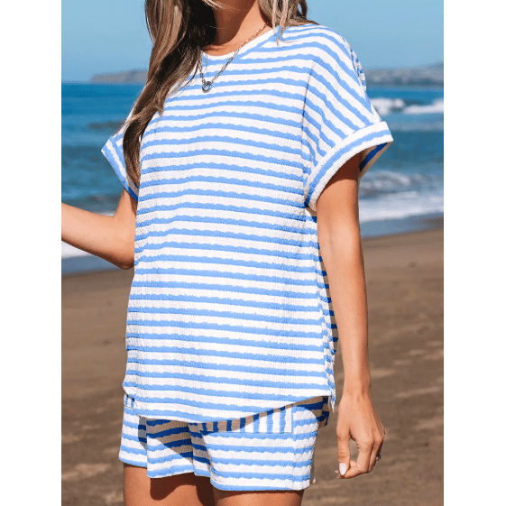 Kitzi Sky Blue Stripe Knitted Short Sleeve Top and Drawstring Shorts Set