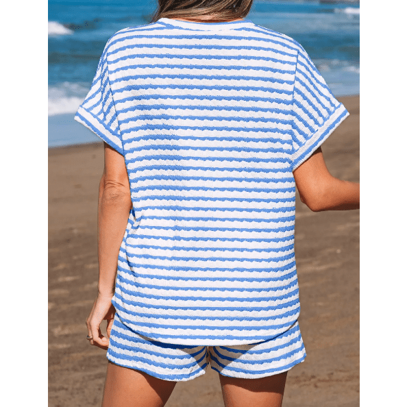 Kitzi Sky Blue Stripe Knitted Short Sleeve Top and Drawstring Shorts Set