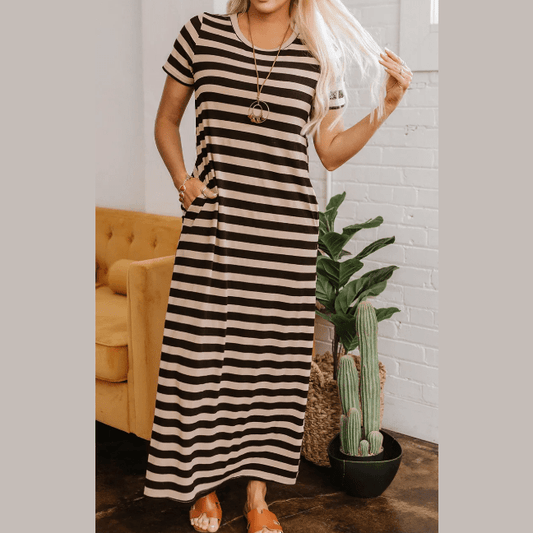 Percilla Black Stripe Casual Round Neck T-shirt Maxi Dress with Pockets