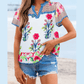 Jessah Pink Floral Striped Patchwork Short Sleeve Split Neck Blouse