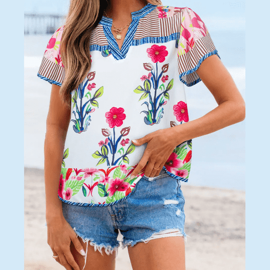 Jessah Pink Floral Striped Patchwork Short Sleeve Split Neck Blouse