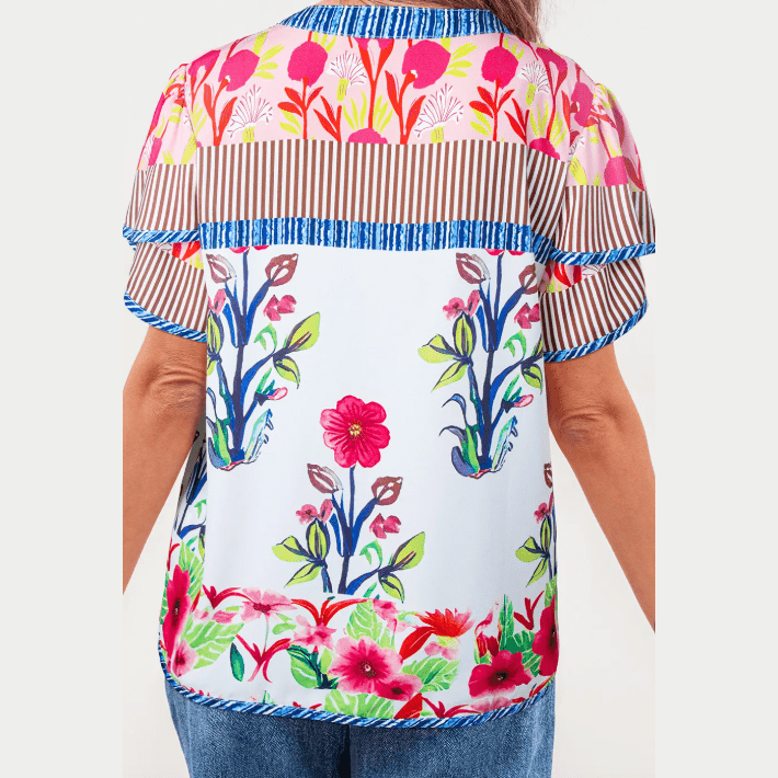 Jessah Pink Floral Striped Patchwork Short Sleeve Split Neck Blouse