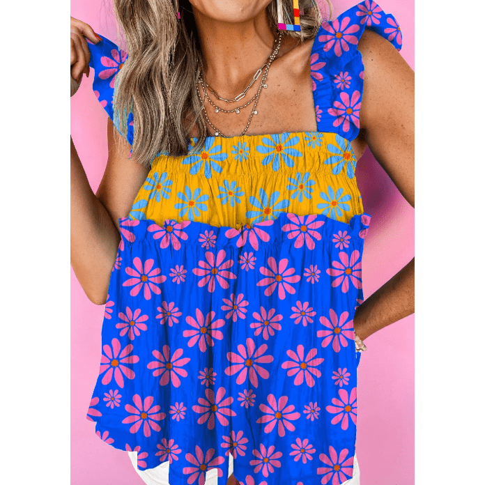 Mikah Blue Floral Colorblock Flutter Straps Flowy Tank Top