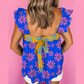Mikah Blue Floral Colorblock Flutter Straps Flowy Tank Top