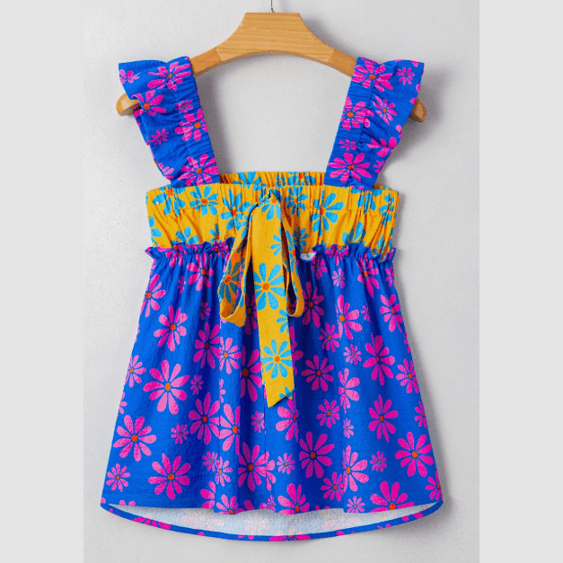 Mikah Blue Floral Colorblock Flutter Straps Flowy Tank Top