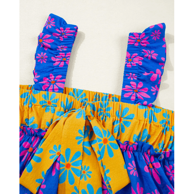 Mikah Blue Floral Colorblock Flutter Straps Flowy Tank Top