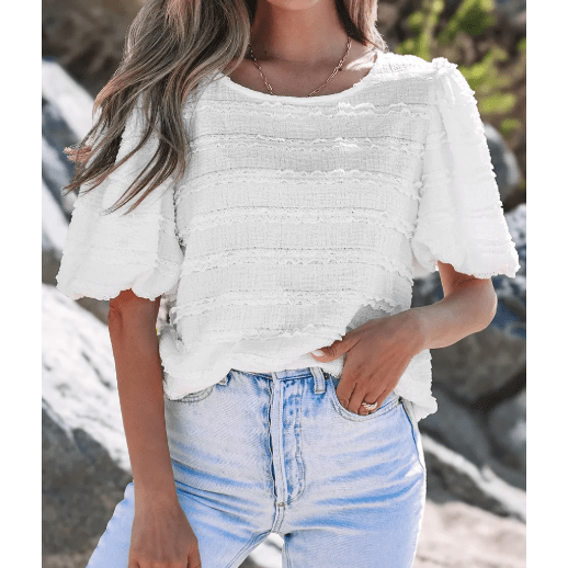 Marcia White Frilled Lace Trim Bubble Sleeve Blouse
