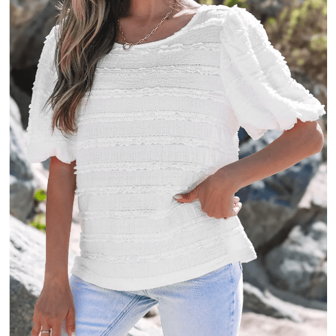 Marcia White Frilled Lace Trim Bubble Sleeve Blouse