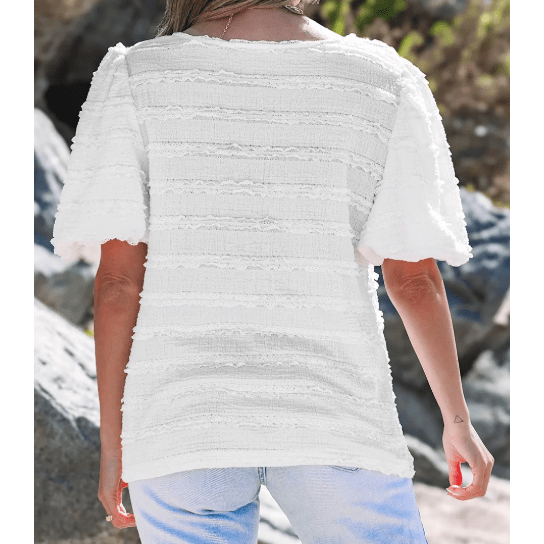 Marcia White Frilled Lace Trim Bubble Sleeve Blouse