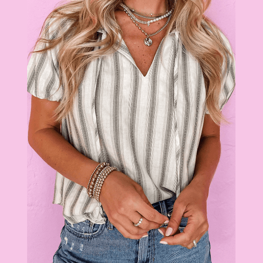 REDUCED!!!  Mavis Grey Stripe Frilled Tie Neck Short Sleeve Blouse  REDUCED!!!