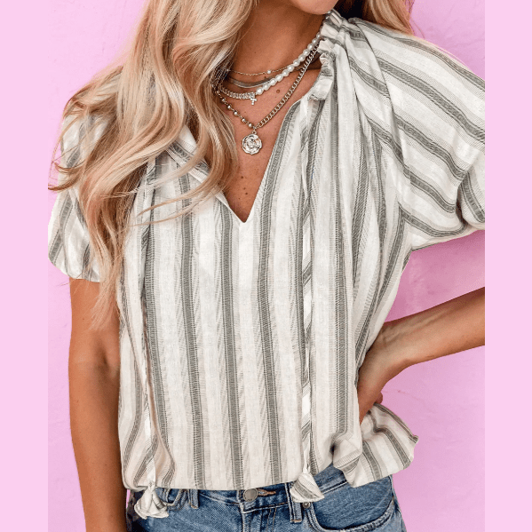 REDUCED!!!  Mavis Grey Stripe Frilled Tie Neck Short Sleeve Blouse  REDUCED!!!