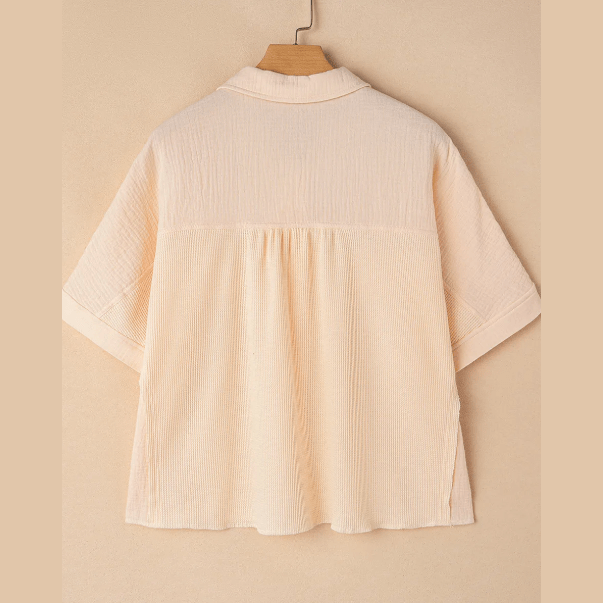 Portia Beige Waffle Short Batwing Sleeve Flap Detail Shirt
