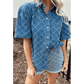 Taylyn Dusk Blue Checkered Textured Short Sleeve Patched Pocket Denim Shirt
