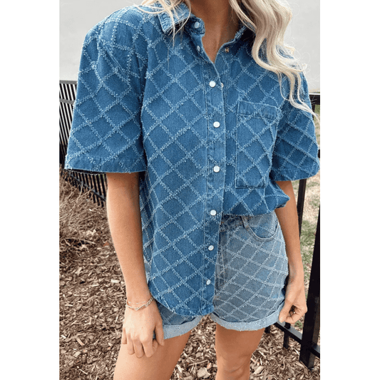 Taylyn Dusk Blue Checkered Textured Short Sleeve Patched Pocket Denim Shirt