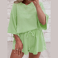 Meshelle Meadow Mist Green Solid Loose V Neck Half Sleeve Tee and Shorts