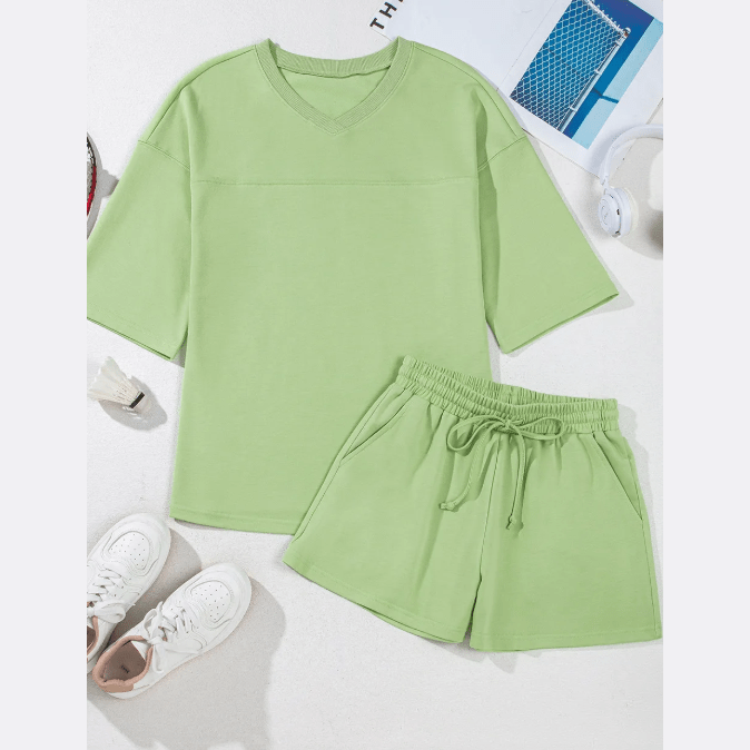 Meshelle Meadow Mist Green Solid Loose V Neck Half Sleeve Tee and Shorts