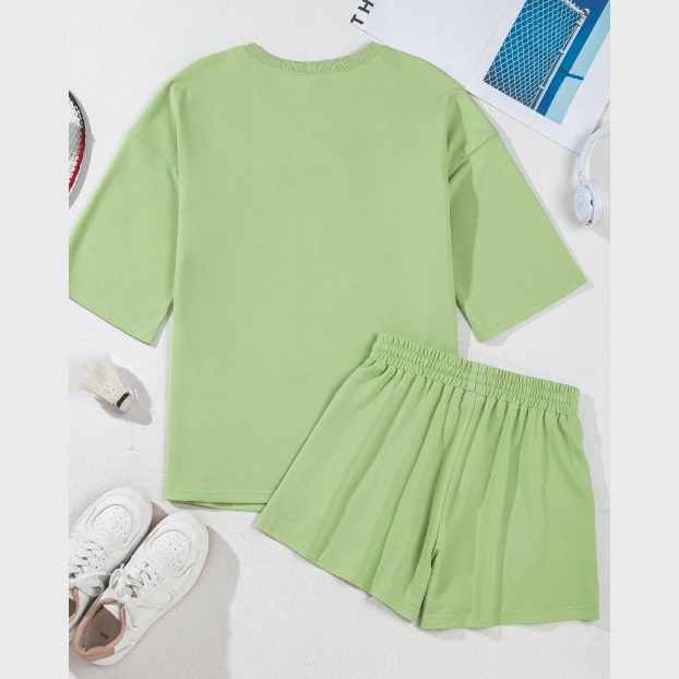 Meshelle Meadow Mist Green Solid Loose V Neck Half Sleeve Tee and Shorts
