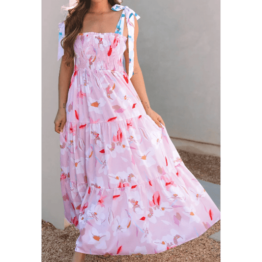 Baylie Pink Floral Print Knotted Shoulder Smocked Maxi Dress