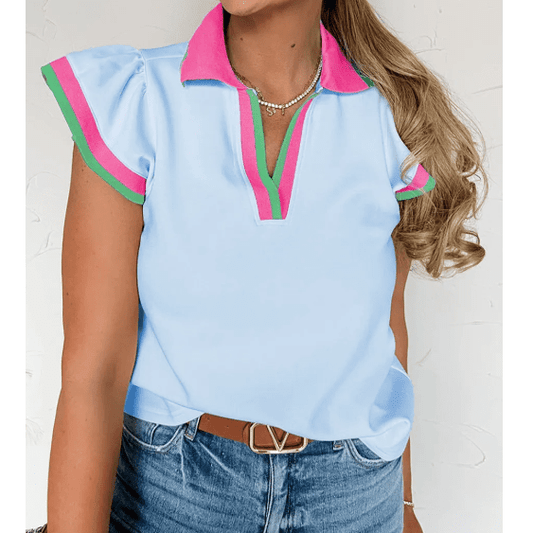 Rayne Beau Blue Color Contrast Ruffled Sleeve Collared V Neck Blouse