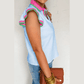 Rayne Beau Blue Color Contrast Ruffled Sleeve Collared V Neck Blouse