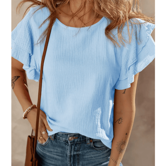 Verena Light Blue Crinkled Cotton Gauze Ruffle Sleeve Blouse