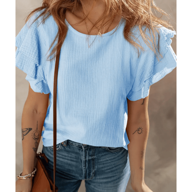 Verena Light Blue Crinkled Cotton Gauze Ruffle Sleeve Blouse