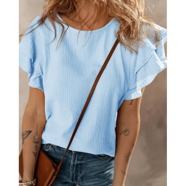 Verena Light Blue Crinkled Cotton Gauze Ruffle Sleeve Blouse