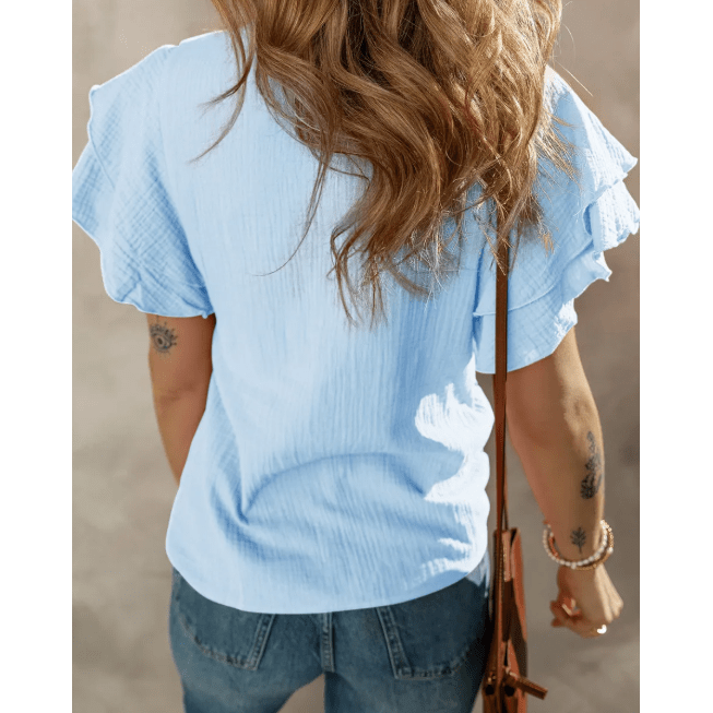 Verena Light Blue Crinkled Cotton Gauze Ruffle Sleeve Blouse